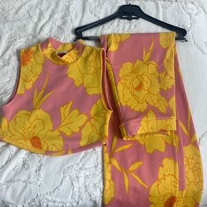 Zara set: bright pink and yellow. Crop top and full length pants. NEVER WORN!!!